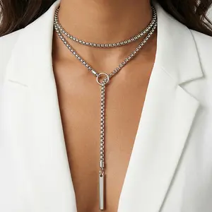 1PC Minimalist Layered Lariat Bar Necklace, Silver-Tone Box Chain, Vertical Bar Drop Y-Necklace, Edgy Modern Jewelry for Women, Perfect for Office Wear, Date Nights, Birthday & Graduation Gifts