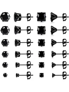 12 Pairs Black Stud Earrings for Men Women Stainless Steel Earring Studs Round Square Cubic Zirconia Black Earrings Ball Flat Round Mens Stud Earrings Set 3-8mm Stud Earrings Jewelry