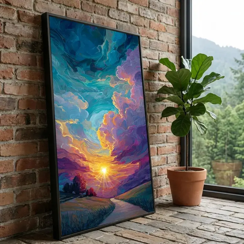 Vibrant Sunset Landscape Canvas, Colorful Sky Wall Art, Abstract Nature Painting, Dramatic Clouds Canvas, Home Decor, Ready to Hang