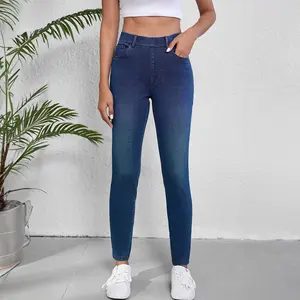Ashleigh Blue Multiple Pockets Straight Leg Washed Stretchy Knit Casual Jeans Comfy Pants for Everyday Wear