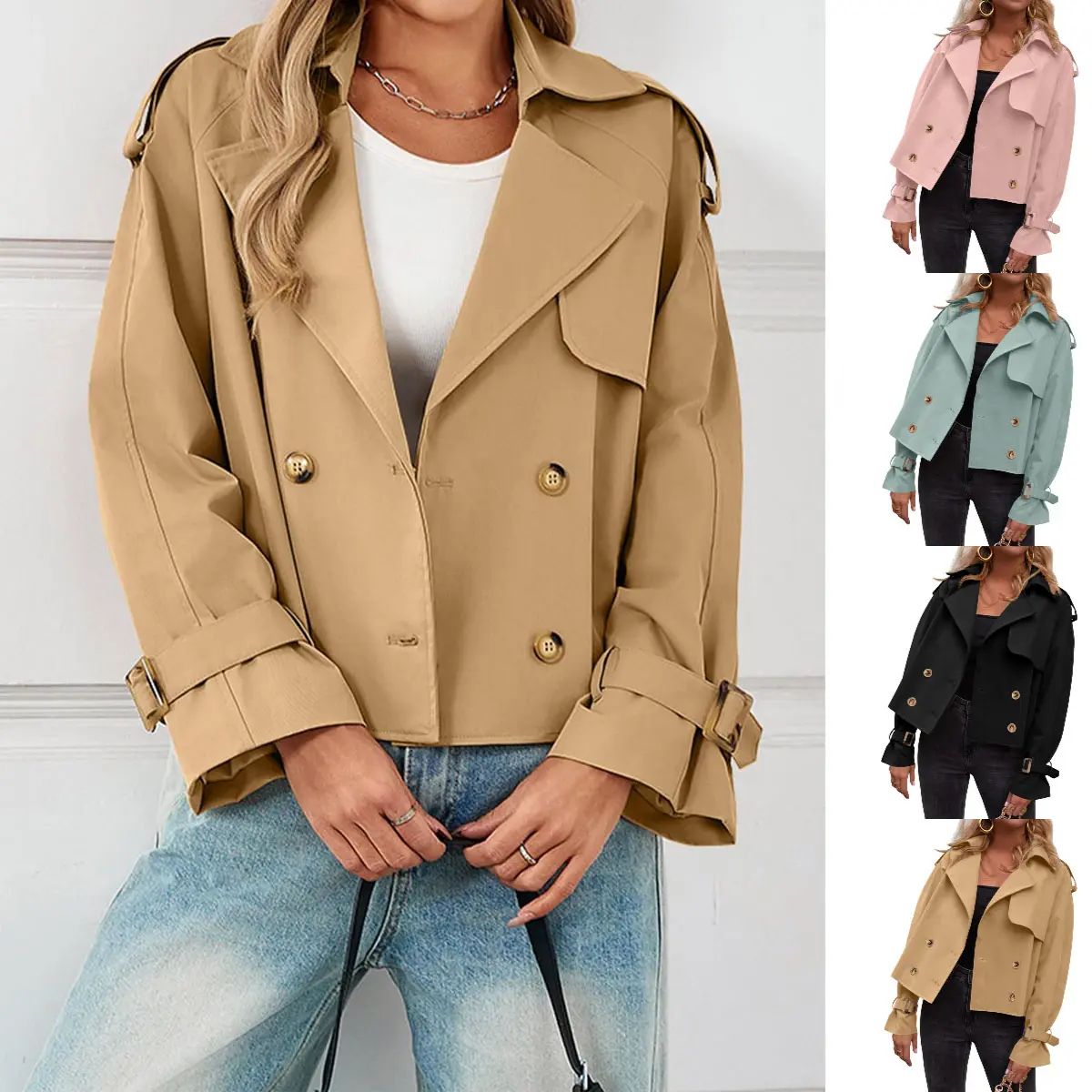 Goranbon Women's Chic Cropped Double-Breasted Lapel Long-Sleeve Trench Coat - Adjustable Outerwear for Matching Tops, Leggings, Bag, Feminine