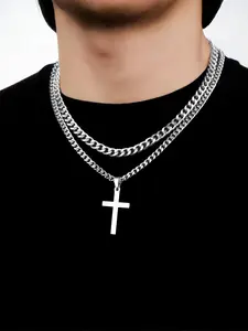 Men's Stainless Steel Chain Necklace with Cross Pendant, Fashion Jewelry for Party, Daily Clothing Decor, Trendy All-match & Exquisite Jewelry for Birthday Gift