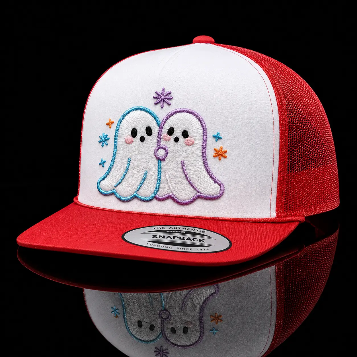 Twin Spirit Glow Trucker Hat – Cute Double Ghost Embroidered Mesh Snapback Cap, Gray Adjustable Soft Aesthetic Streetwear Hat