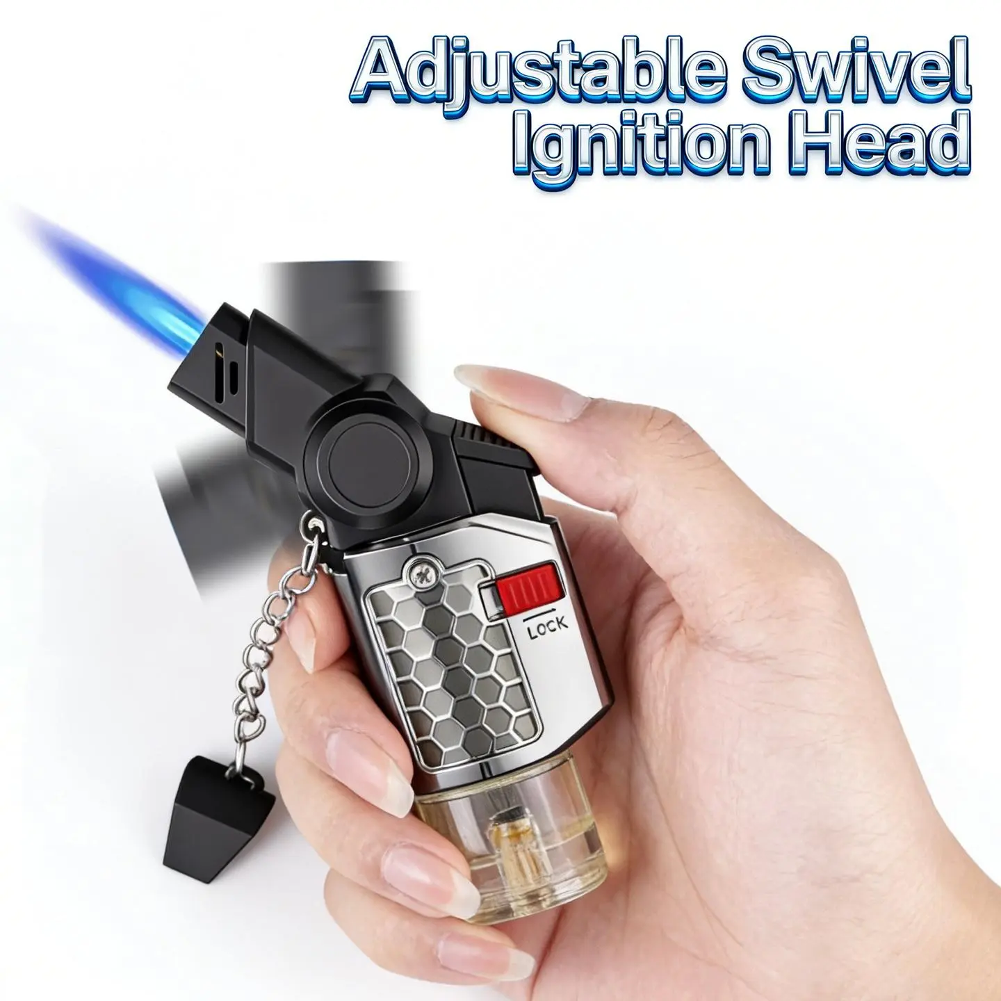 Compact Windproof Butane Torch Lighter with 15° & 45° Adjustable Swivel Ignition Head, Foldable Portable Design, Transparent Gas Tank with Safety Lock, Powerful Outdoor Welding Gun Lighter, Ideal Gift for Men(Butane-free)
