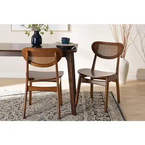 Baxton Studio Hesper Mid-Century Modern Walnut Brown Finished Wood and Rattan 2-Piece Dining Chair Set