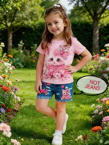 Cute Cat Flower Print Girls' Summer Clothing Set, Fine Girls Outfit, Two-Piece Natural Waist Denim Shorts, Perfect for Outdoor Cycling, Ideal Gift for Little Princesses