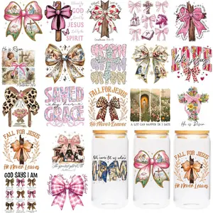 Bow UV DTF Cup Wraps for 16 oz - 20 Sheet Christian Bow UV DTF Transfer, Jesus UVDTF Cup Wraps for Glass, Cross & Flower Design, Religious Waterproof Transfer Sticker, Waterproof Stickers