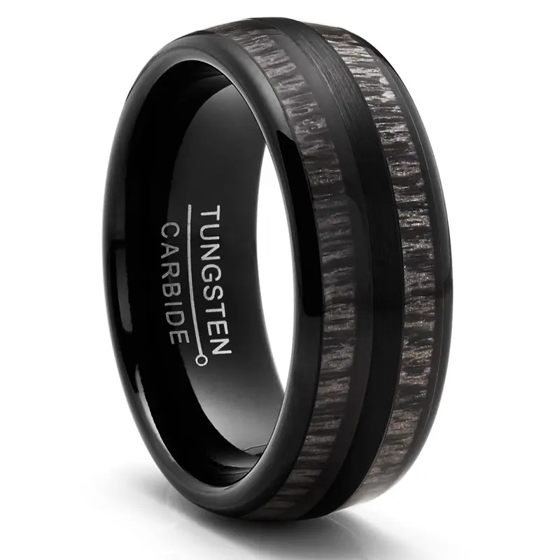 Male 8mm Elegant High-Polish Tungsten Carbide Dome Band - Cobalt-Free, Customized, Laser Engraved, Real Black Wood Inlay, Wedding & Promise Ring, Men's Jewelry Accessory