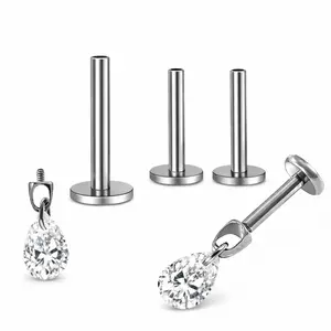 Titanium Pear Cut Labret Stud Dangle Earrings for Piercings by Ginger Lyne Teardrop Cz 6Pc Set G23 Screw Front Flat Back Body Jewelry 2 pair post 6mm, 8mm Cartilage, Helix, Tragus, Lip, Conch, Lobe