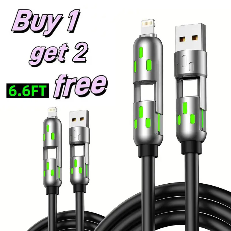 [Buy 1 Get 2 Free]4-in-1 6.6ft Multi USB Charging Cable with Breathing Light,USB A,USB A,Type C,Lightning-MAX65W Fast Charging & Data Sync for iPhone16/15.