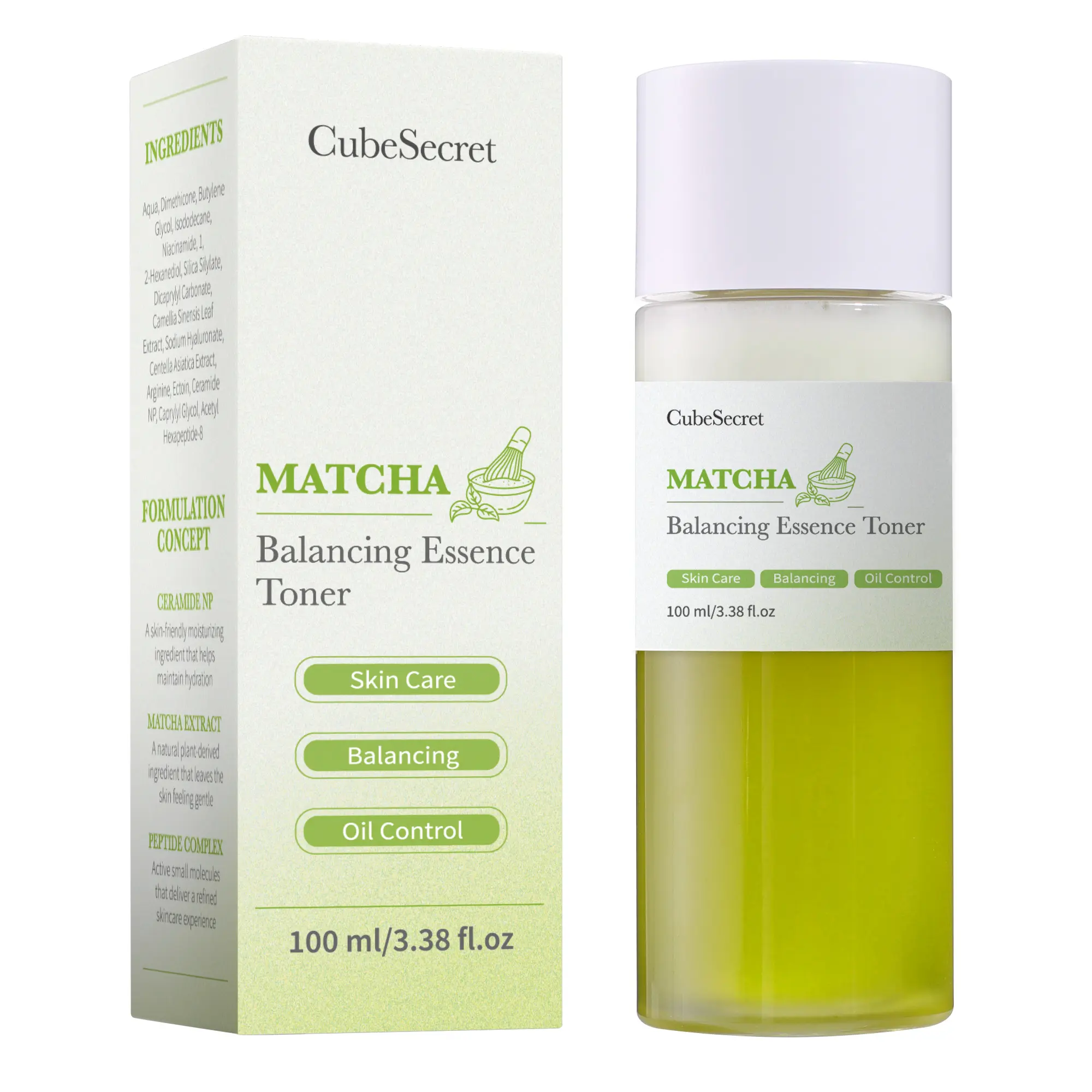 [CubeSecret Official] Matcha Balancing Essence Toner – Matcha, Peptide Complex & Ceramide NP for Balancing & Oil Control, Toner-Serum Hybrid, Deep Moisturizing and Oil Control for All Skin Types, 3.38 fl oz (100ml), Korean Skincare K-Beauty, Skincare