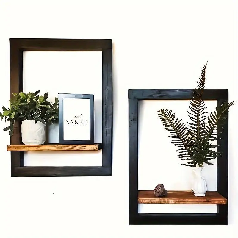2 Wooden Wall-Mounted Vintage Wood Grain Shelves - Display Rack, Wall Art Holder, Storage Units for Photos, Candles, Green Plants, Books, Shelves for Bedroom - Home & Office Space-Saving Decor Organizer