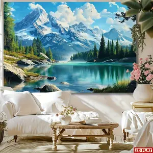 2D Flat Banner, Decorative wall sticker, 1pc Self-Adhesive Mountain Lake Landscape Wall Mural - Peel & Stick Removable Wallpaper with Turquoise Waters, Snow-Capped Peaks & Greenery - Easy Install for Home