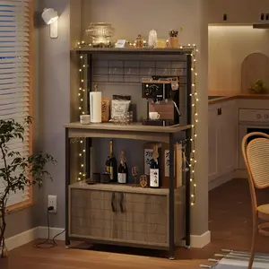 NEW Microwave Stand with Storage Cabinet, Height-Adjustable Bakers Racks for Kitchen with Wheels & Feet, Industrial Rolling Coffee Bar Shelf with 10 S-Hooks Grey Wash