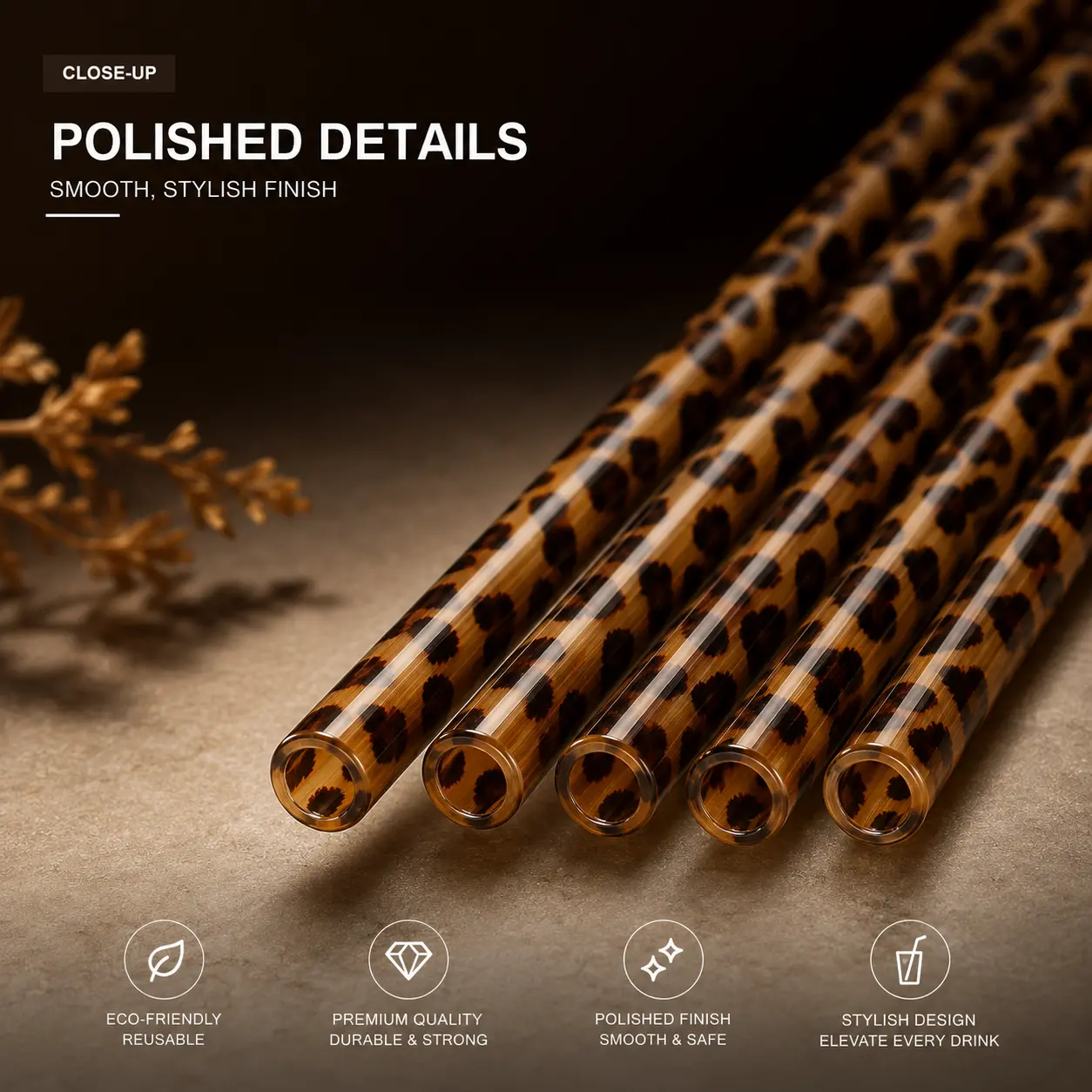 20/40/60 PCS Leopard Print Reusable Glass Straws with Cleaning Brushes, Straight Drinking Straws for Tumblers, Iced Coffee, Smoothies and Cocktails
