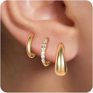 Surgical Steel Huggie Hoop Earrings for Women Set,14K Gold Plated Small Hypoallergenic Lightweight CZ Huggie Earrings, Waterproof Non Tarnish, for Multiple Piercing