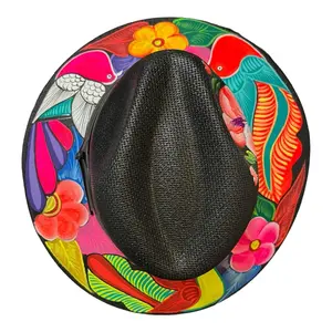 MEXICAN HAT Artisanal Hand Painted Fedora Floral Sombrero Panama Bohemian Black