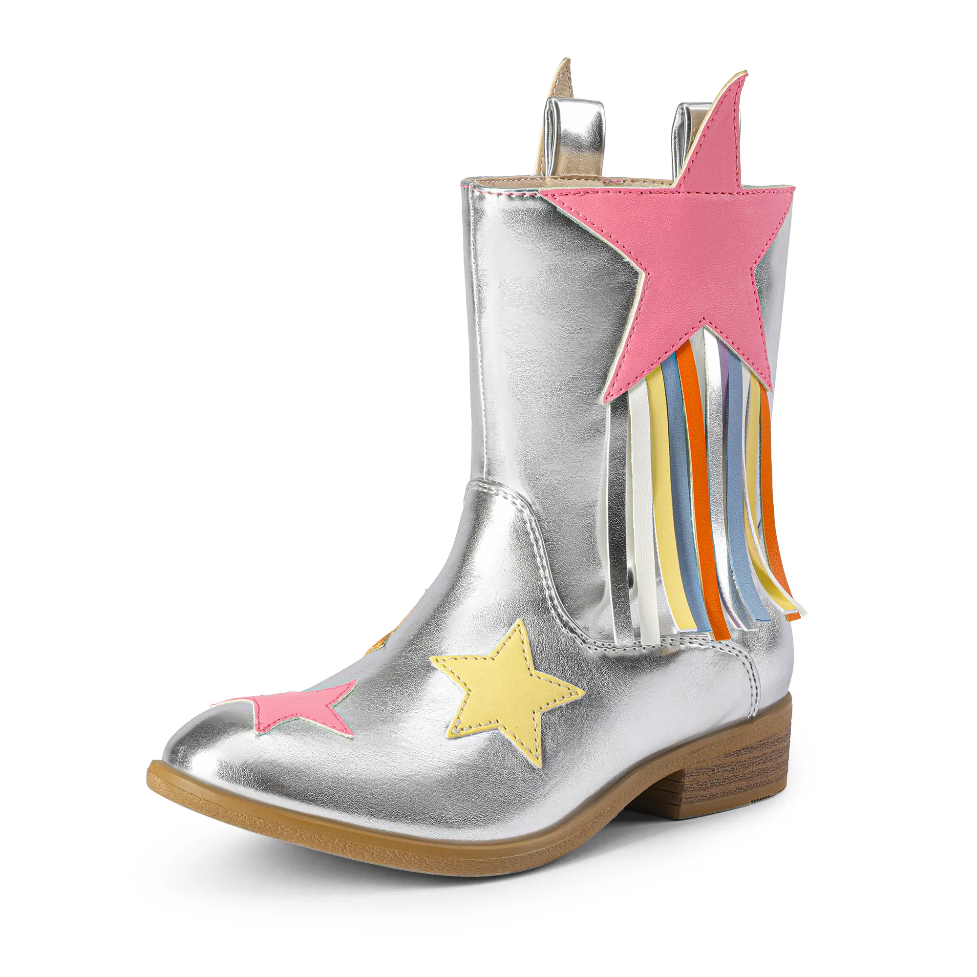 Dream Pairs Girls' Western Cowboy Aesthetic Boots with Stars & Tassels, Low Heel Synthetic Leather Slip On for Outdoor & Western OOTD, Country Girl Aesthetic, Pull Tab, Round Toe, All-Seasons, 6 - 7 Years, Comfortable