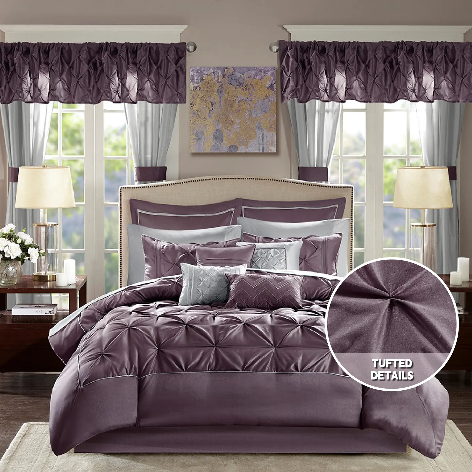 Room in a Bag Imitation Silk Comforter Set - Luxe Diamond Tufting All Season Bedding, Matching Curtains, Decorative Pillows, 24 Piece