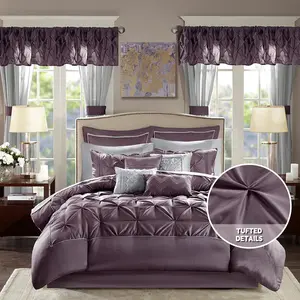 Room in a Bag Imitation Silk Comforter Set - Luxe Diamond Tufting All Season Bedding, Matching Curtains, Decorative Pillows, 24 Piece