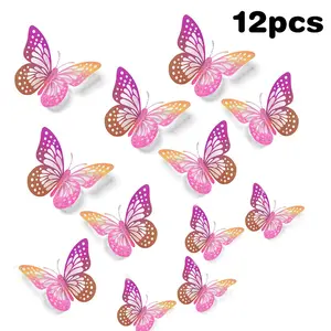12PCS Laser Iridescent 3D Butterflies - 3 Sizes & 4 Styles, Hollow-Out Gold Butterfly Decor for Flower Arrangements, Wall, Wedding, Party