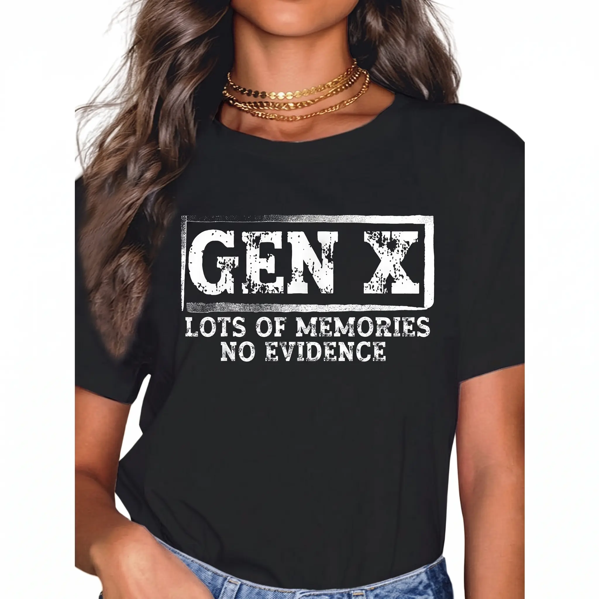 Gen X 'Lots of Memories' Funny Graphic T-Shirt, Casual Streetwear Top, Unisex Shortsleeve Round Neck with Digital Transfer, Tops, Crew Neck