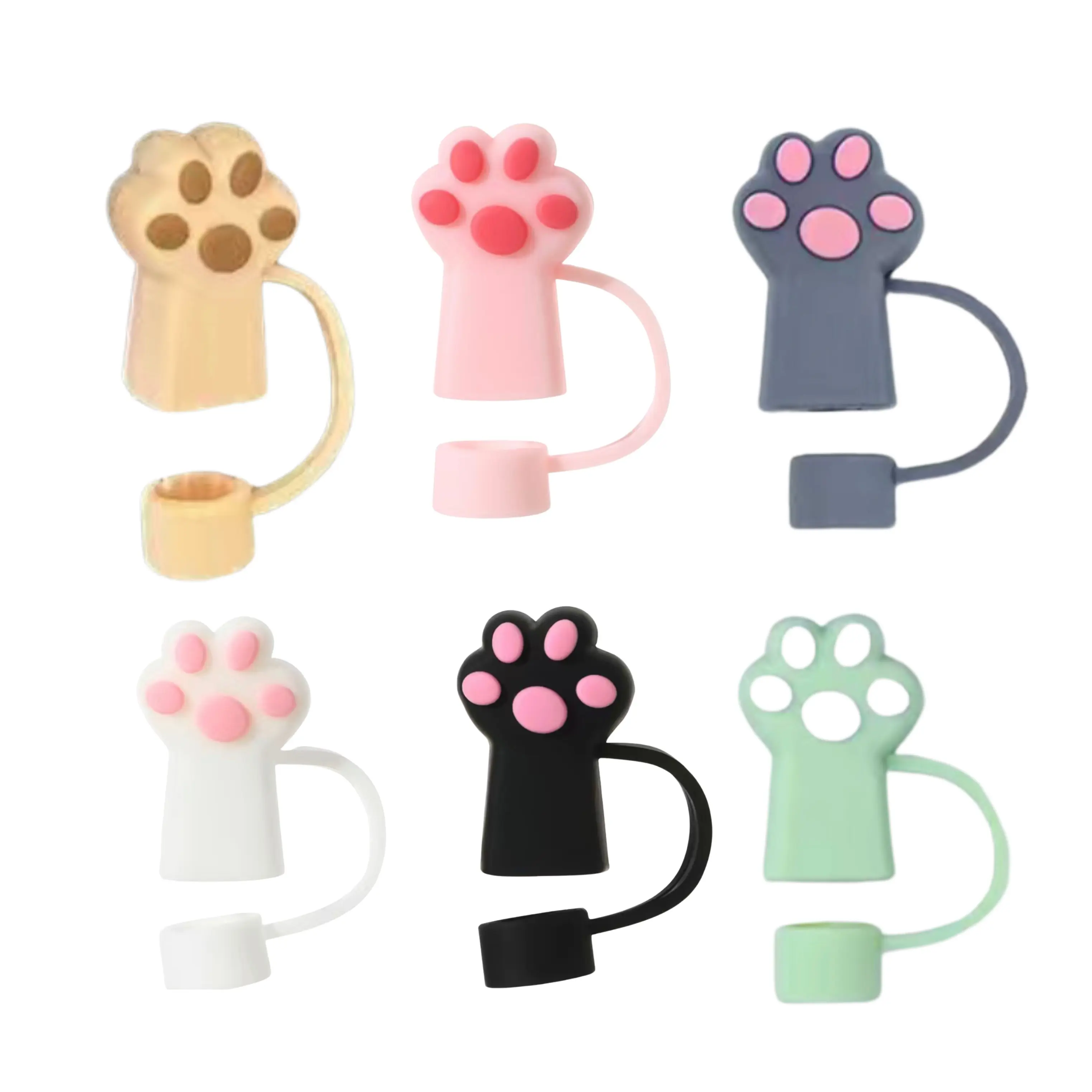 Colorful 3D Paw Print Straw Cover + Fits XL 10mm Diameter Straw + 6 Different Color Choices Pink White Black Green Gray Tan + Reusable + Silicone + Dishwasher Safe + Drinkware + Straw Topper