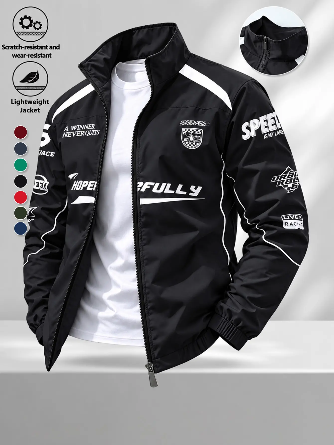 en Black Racing Style Stand Collar Jacket Multi Letter Logo Print Full Zip Elastic Cuff Spring Autumn Windproof Coat