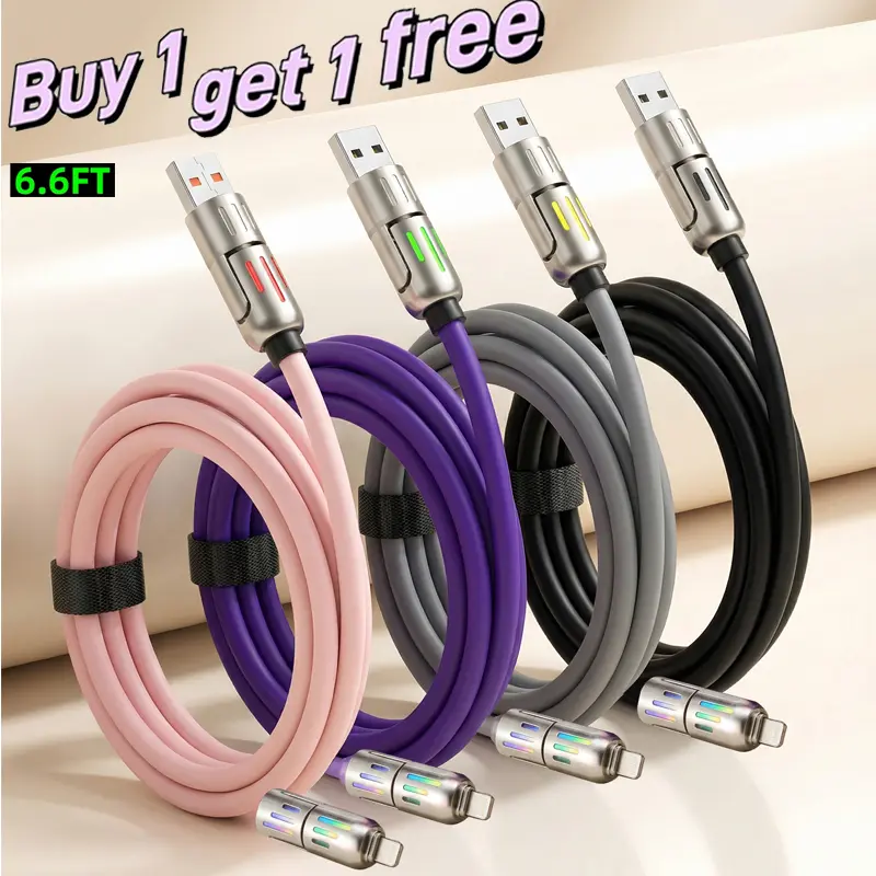 2 Pack 2-in-2 Mecha Style Silicone Charging Cable with Breathing Light, PD Fast Charging, Compatible with iPhone PD & Huawei Type-C Phones, You Will Receive 2 Cables