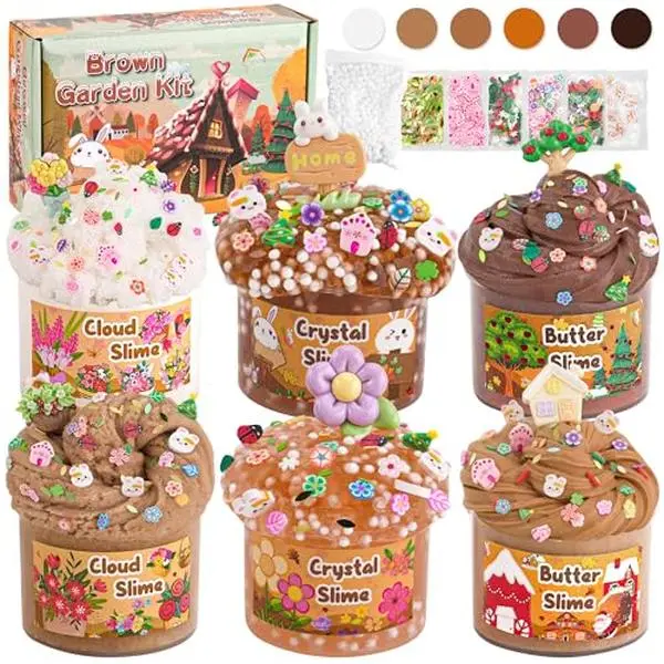 6 Packs Brown Slime Kit - Cloud, Butter & Clear Slimes with Garden Add-ins, Crunchy Slime for Kids Party Favors for Girls and Boys, 360ml Slime Kits Birthday Halloween Christmas Easter Gifts