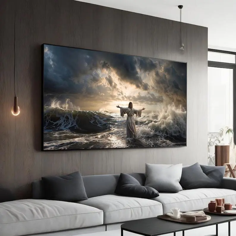 Christian Hand-Stretched Artistic Jesus Walking on Water Canvas Print, Framed Extra-Large Christianity Wall Decor, Ready-to-Hang Inspirational Religious Hanging Gift for Room