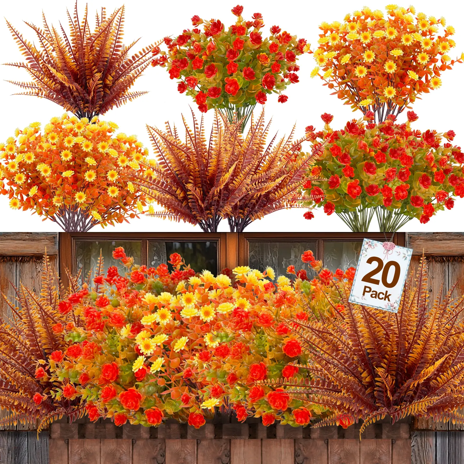 20 Bundles Fall Artificial Flower 3 Styles UV Resistant Colorful Fake Flower Plants for Outdoors Fall Decor Yellow Mums Daisies Boston Fern Decorative Flowers Bouquet Autumn Outside Decorations for Thanksgiving Porch Home Garden Patio Hanging Planters