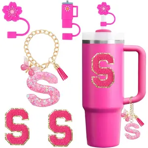 Cup Accessories Set for Stanley Cup 30oz 40oz tumbler with handle, Including Silicone Straw Topper Cover Cap, Handle Charm, Initials Sticker Fuchsia (S)