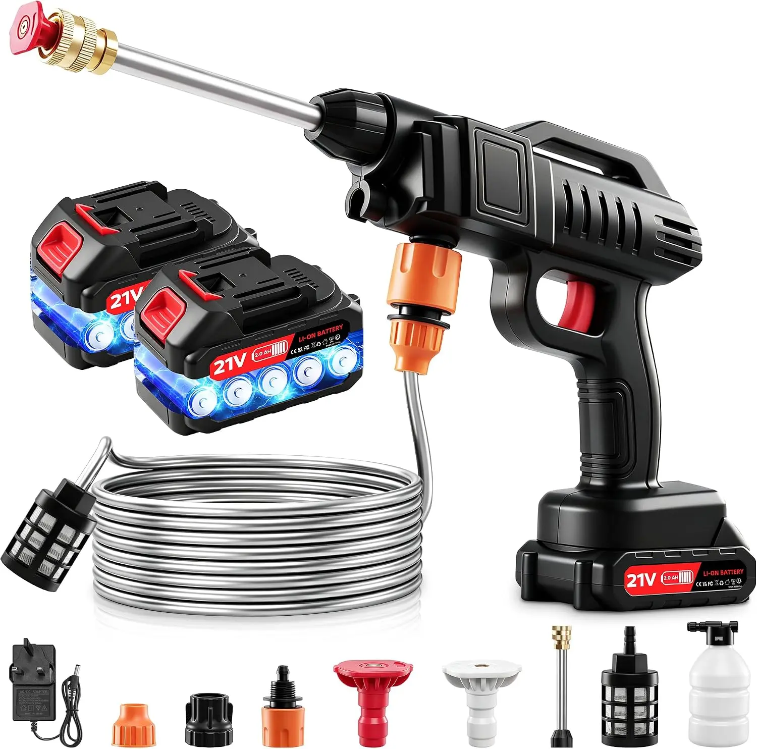 21V Pressure Washer, 1500W High Pressure Washer Machine with 2x2.0Ah Batteries, 16FT Hose & Foam, Powerwasher for Car,, Deck, Fence &