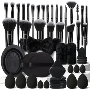 Makeup Brush Set 51Pcs Black Makeup Tool Set, 25Pcs Premium Synthetic Foundation Powder Concealers Eye Shadows Blush Beauty Brushes with Cleaning Brush, Headband, Wristbands, Makeup Sponges, Makeup Puffs, Professional Make up Brushes Kit for Makeup