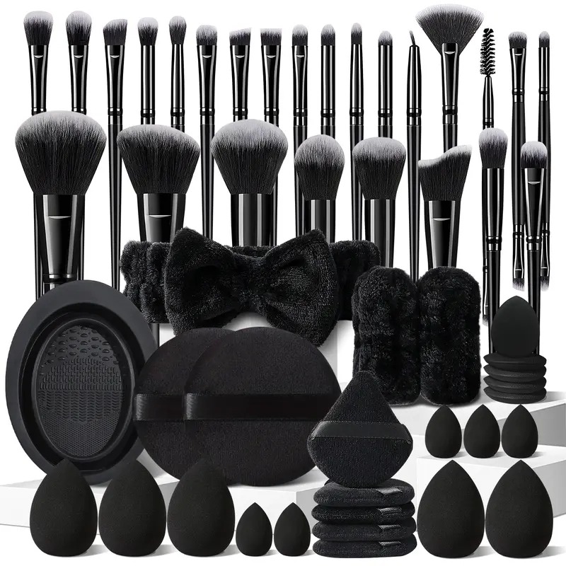 Unisex 51Pcs Black Cosmetic Full 51-Tool Kit - 25Pcs Premium Nylon Bristles for Foundation, Powder, Concealer, Eye Shadow, Blush, Plus Cleaning Tool, Headband, Wristbands, Sponges, Puffs - Professional Beauty Routine Use