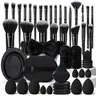 Unisex 51Pcs Black Cosmetic Full 51-Tool Kit - 25Pcs Premium Nylon Bristles for Foundation, Powder, Concealer, Eye Shadow, Blush, Plus Cleaning Tool, Headband, Wristbands, Sponges, Puffs - Professional Beauty Routine Use