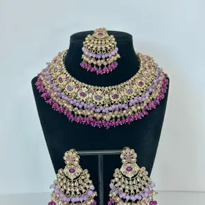 Sanaya Bollywood Polki and Stonework Necklace Set with Earrings and Tikka in Gold Accents