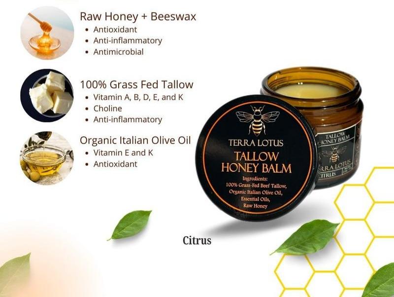Terra Lotus Organic Grass-Fed Beef Tallow Balm with Raw Honey - Handmade All-Natural Moisturizer for Soft, Smooth, Radiant Skin