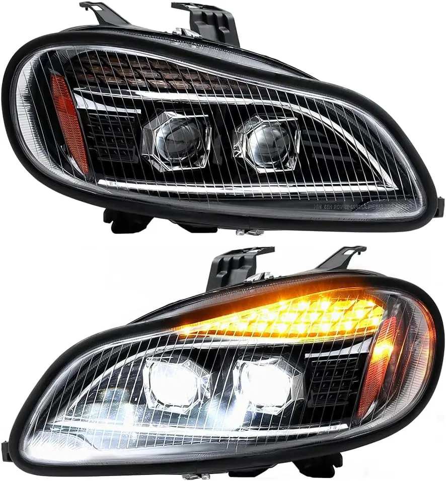 Heavy Duty Truck LED Headlight Assembly, Black Housing Headlamp Pair, Fits 2004-2013 Freightliner M2 106 / M2 112 Delivery Truck, Driver & Passenger Side Replacement Upgrade with LED Lights & Turn Signals