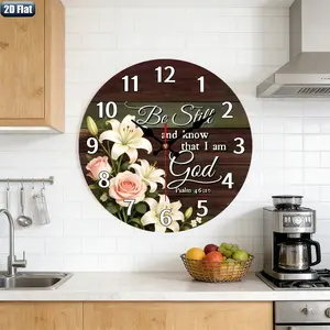 2D Flat.1pc.Acrylic wall clock with Bible verse and floral theme, silent and creative decorative clock, suitable for bedroom, living room, and office decoration (AA batteries not included)