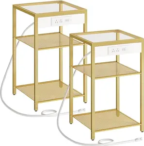 Tables Set of 2 with Charging Station, Side Tables with USB Ports & Power Outlets, 3-Tier Nightstands with Storage Shelves, Tempered Glass for Living Room, Bedroom