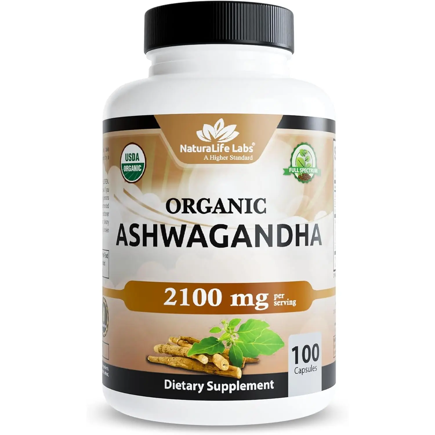 NaturaLife Labs Organic Ashwagandha 2100 mg per Serving – Full Spectrum Root Powder and Standardized Extract (Withanolides) – 100 Capsules – Vegan – Non-GMO, Gluten-Free