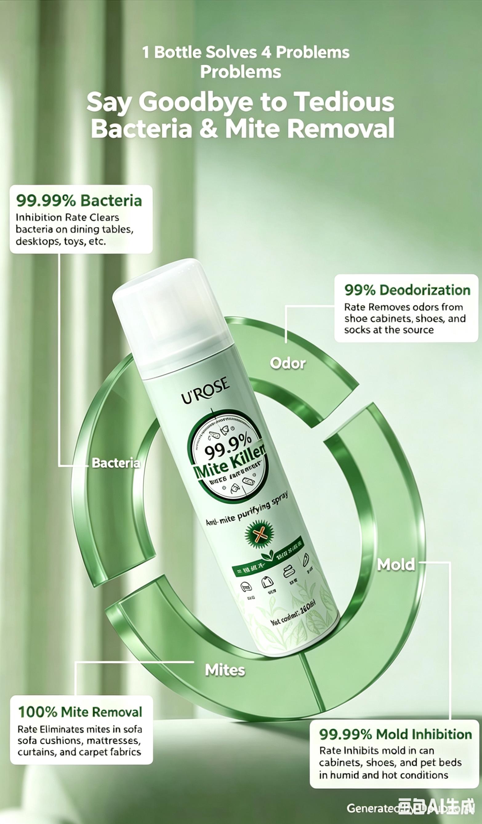 [UROSE] 100% Powerful Mite Removal Spray, No Rinse, No Sun Drying, Indoor Disinfection, Suitable for Dormitories, Pets, Pregnant Women and Babies, Multipurpose, Lavender Scent,dorm essentials,home essentials
