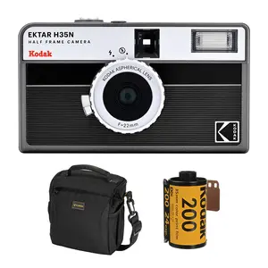 Kodak EKTAR H35N Half Frame Film Camera, Striped Black, Bundle with Kodacolor Gold 200 35mm Color Negative Roll Film, 24 Exposure and Slinger Alpine Shoulder Bag