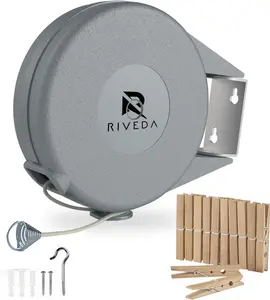 Retractable Clothesline - Portable Heavy Duty Indoor and Outdoor Washing Line - 45 Feet PVC Retracting Clothes Line with Wall Mount Hang The Wet Dry Clothing Laundry - Easy Installation (Grey)