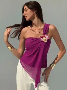 1pc Magenta One Shoulder Mesh Ruched Top, Irregular Hem Sexy Sleeveless Tank, Stylish Wear for Vacation & Dating