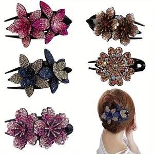 5Pcs/Set Double Flower Rhinestone Hair Clips,Fancy Decorative Hair Accessories For Women,Crystal Luxury Decorations,Thick Hair Clip,Christmas Party Gifts,Hand Tools Kits