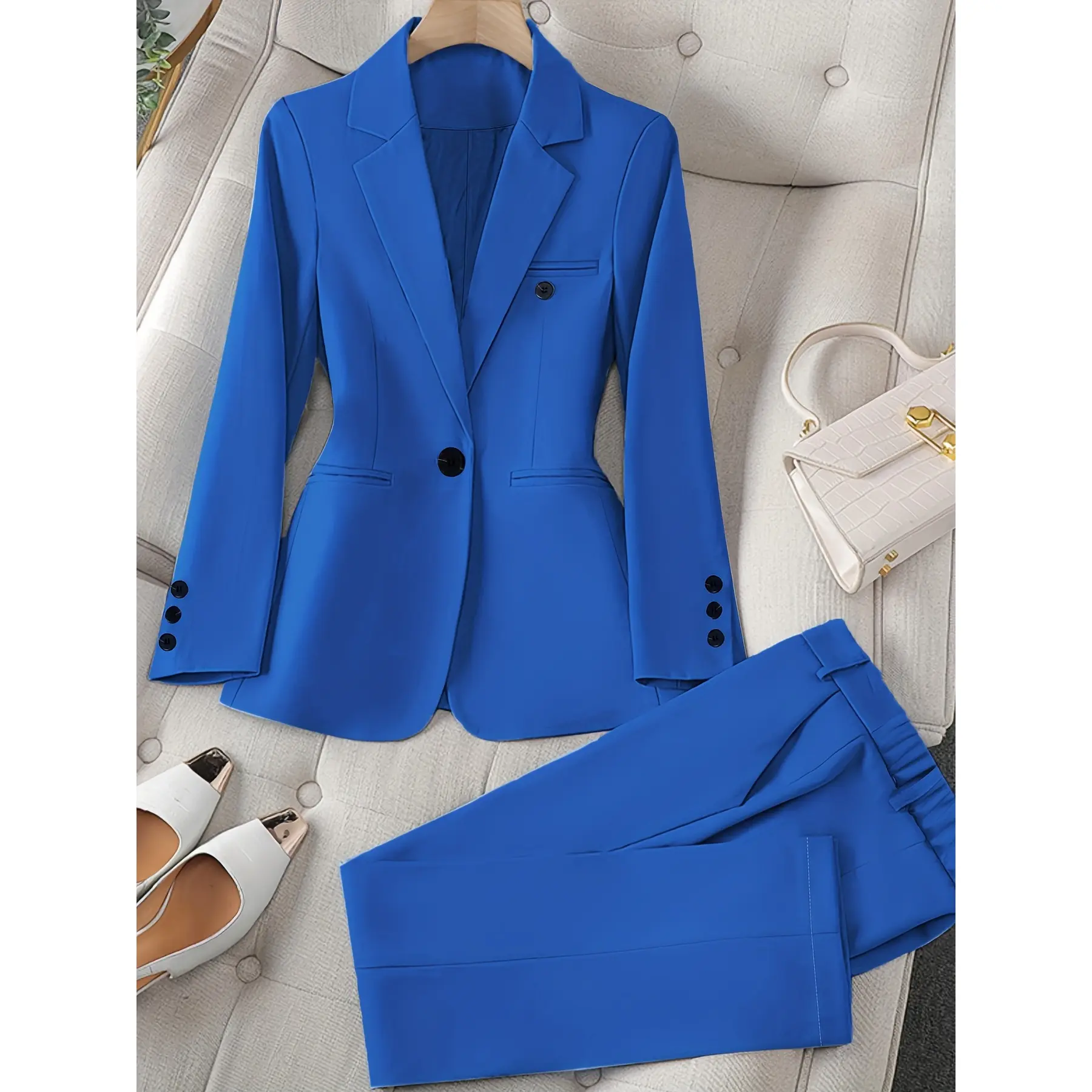 Women's Elegant Chic 2-Piece Fashionable Business Solid Color Long-Sleeve Suit Jacket and Trousers Set