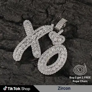 Zirconia XO Pendant Necklace Sparkling Zircon Inlaid Zinc Alloy with Rope Chain Stylish Letter Design for Men and Women Jewelry